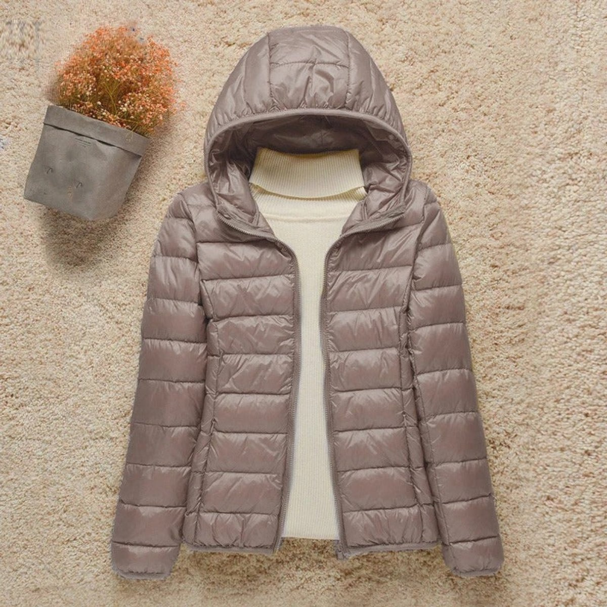 Women's Hooded Quilted Zip-Front Casual Jacket in Taupe