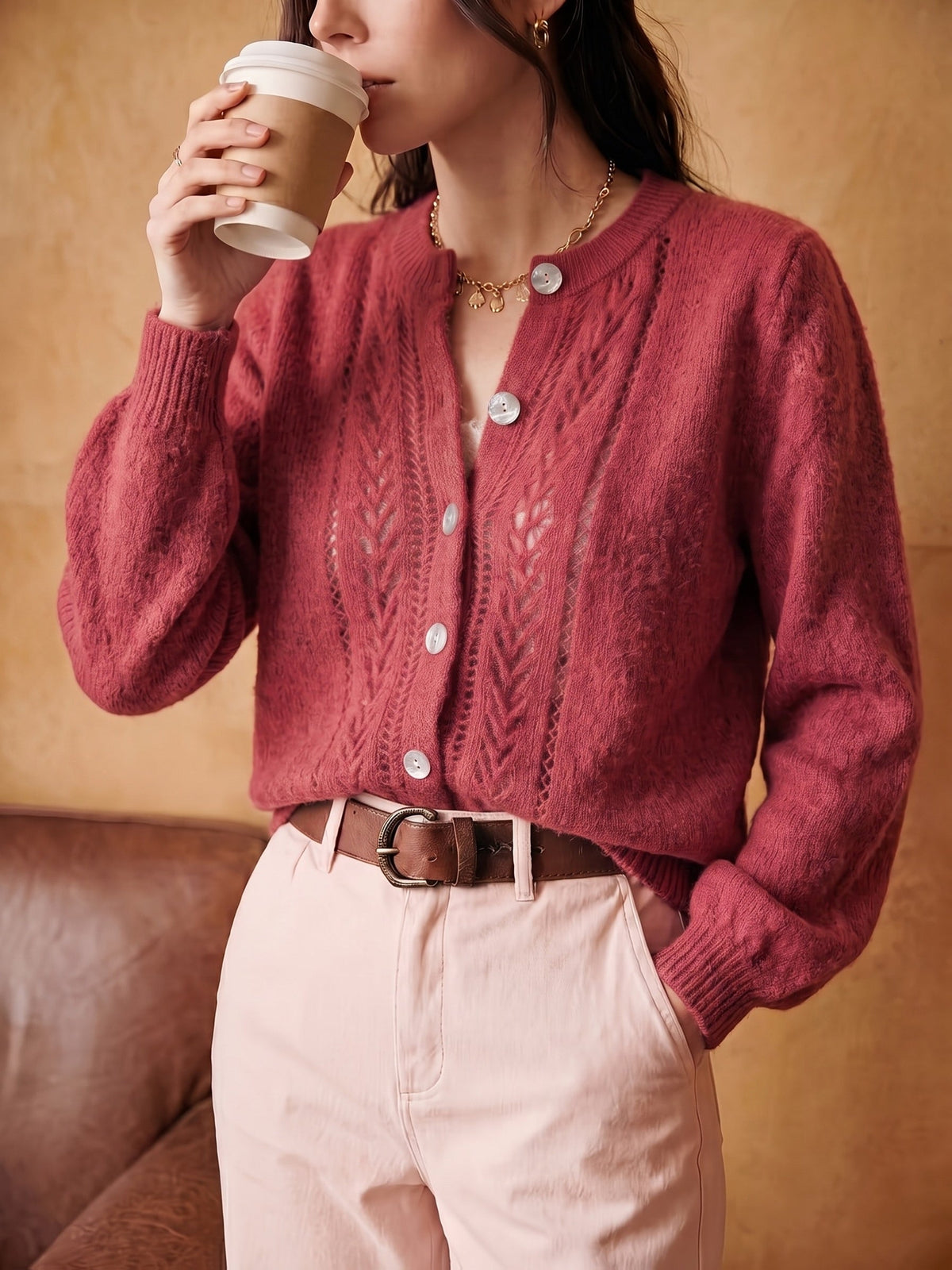 Women's Button-Front Casual Cardigan in Dusty Rose