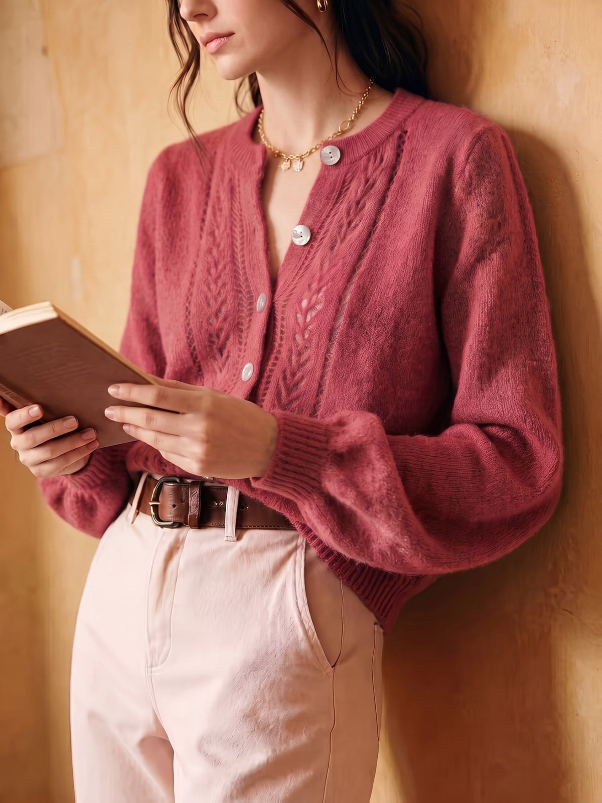 Women's Button-Front Casual Cardigan in Dusty Rose
