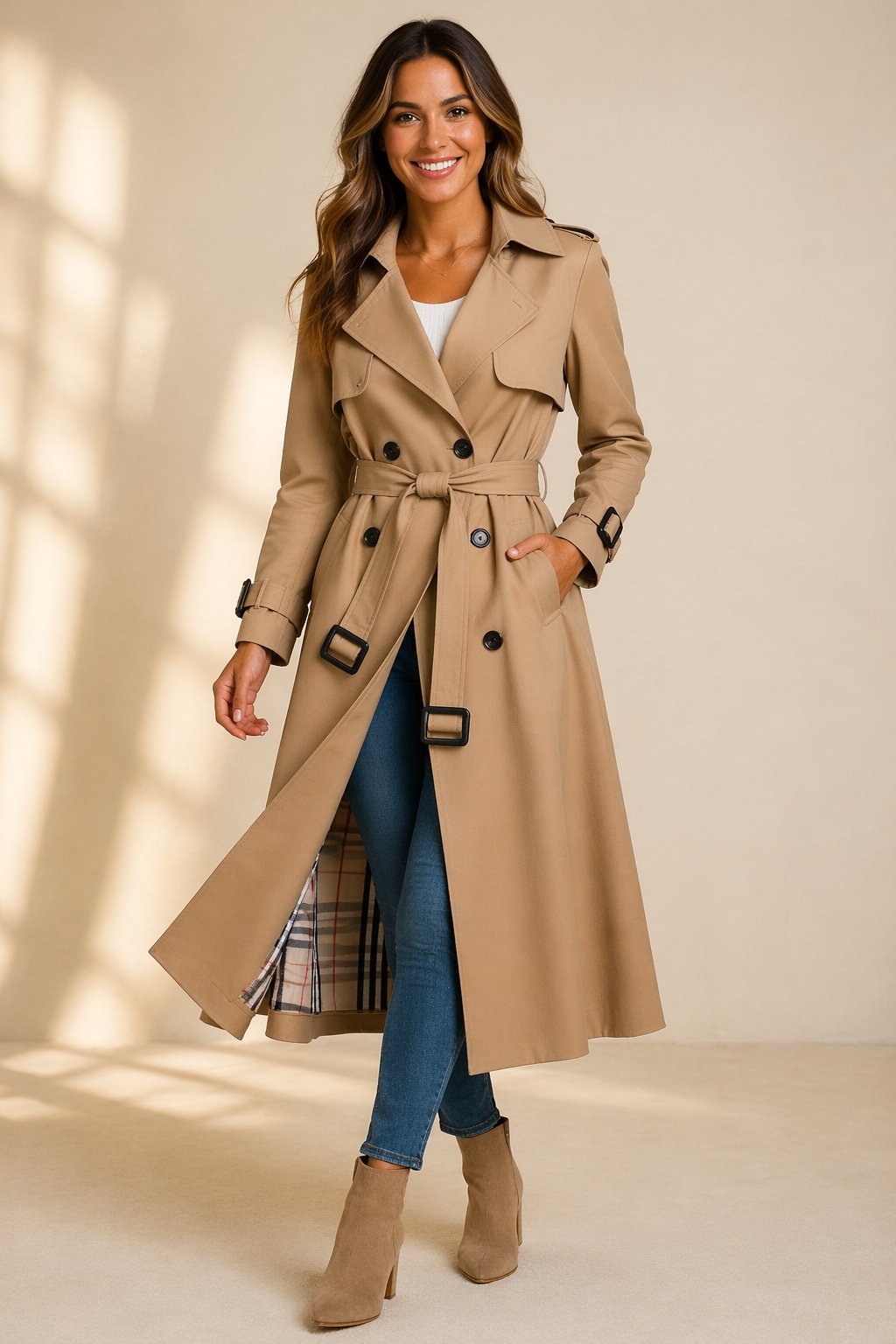 Women's Double-Breasted Casual Coat in Camel