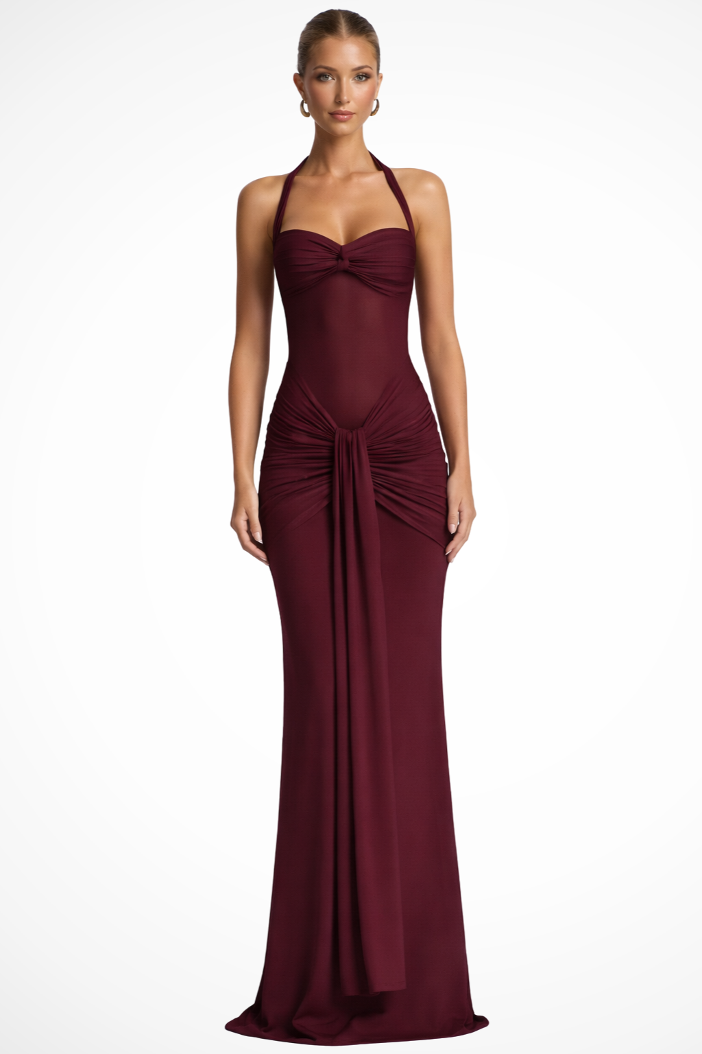 Draped Halter Evening Maxi Dress in Burgundy