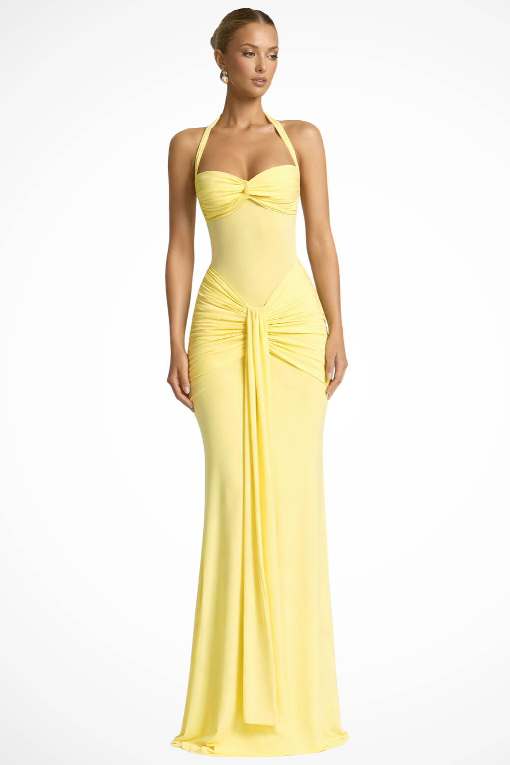 Draped Halter Evening Maxi Dress in Yellow