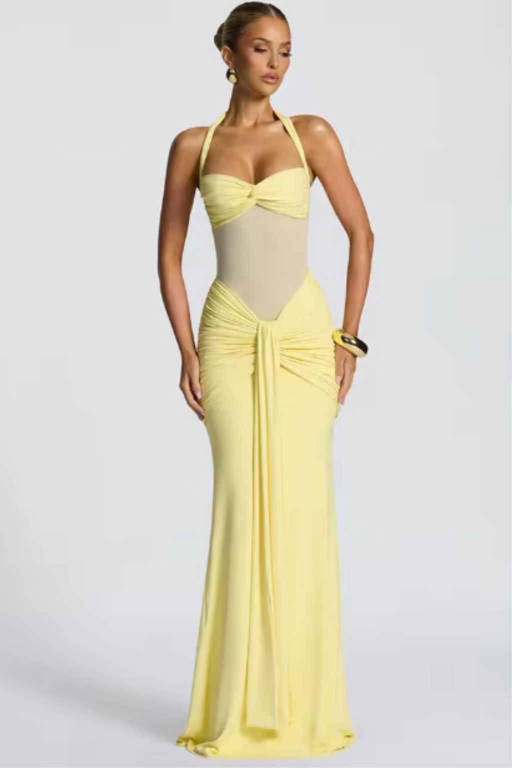 Draped Halter Evening Maxi Dress in Yellow