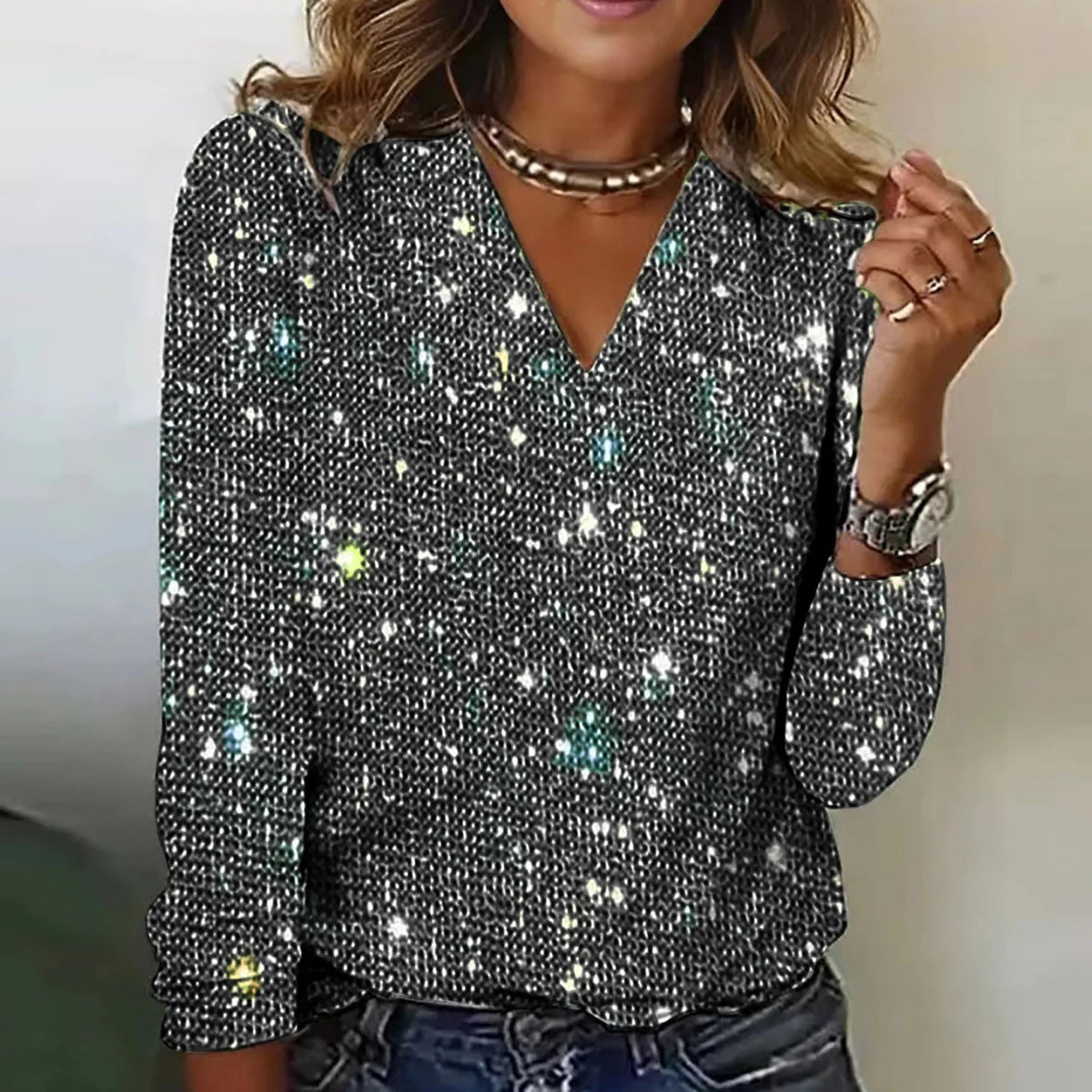 Long-Sleeve V-Neck Sparkle Party Blouse in Dark Grey