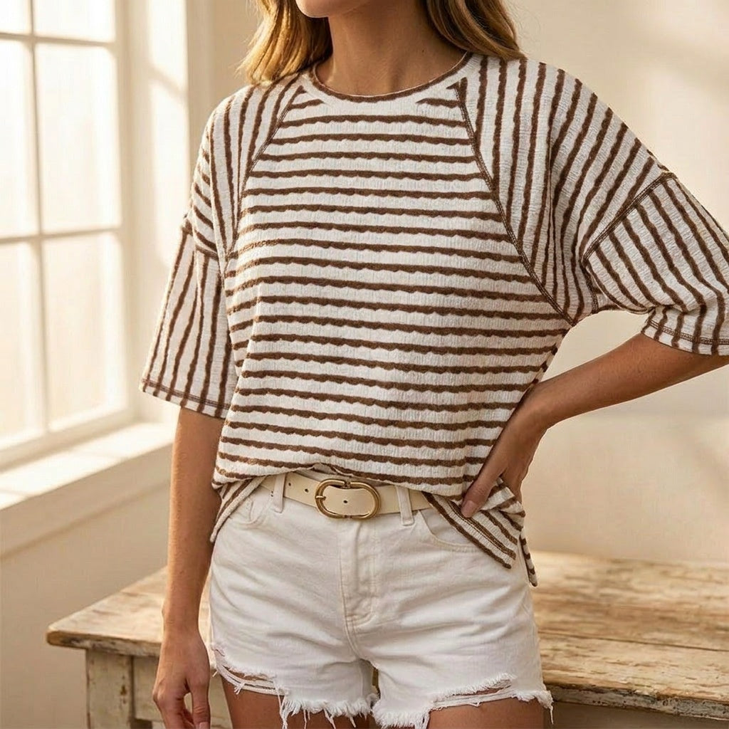 Women's Raglan Sleeve Striped Casual T-Shirt in Brown