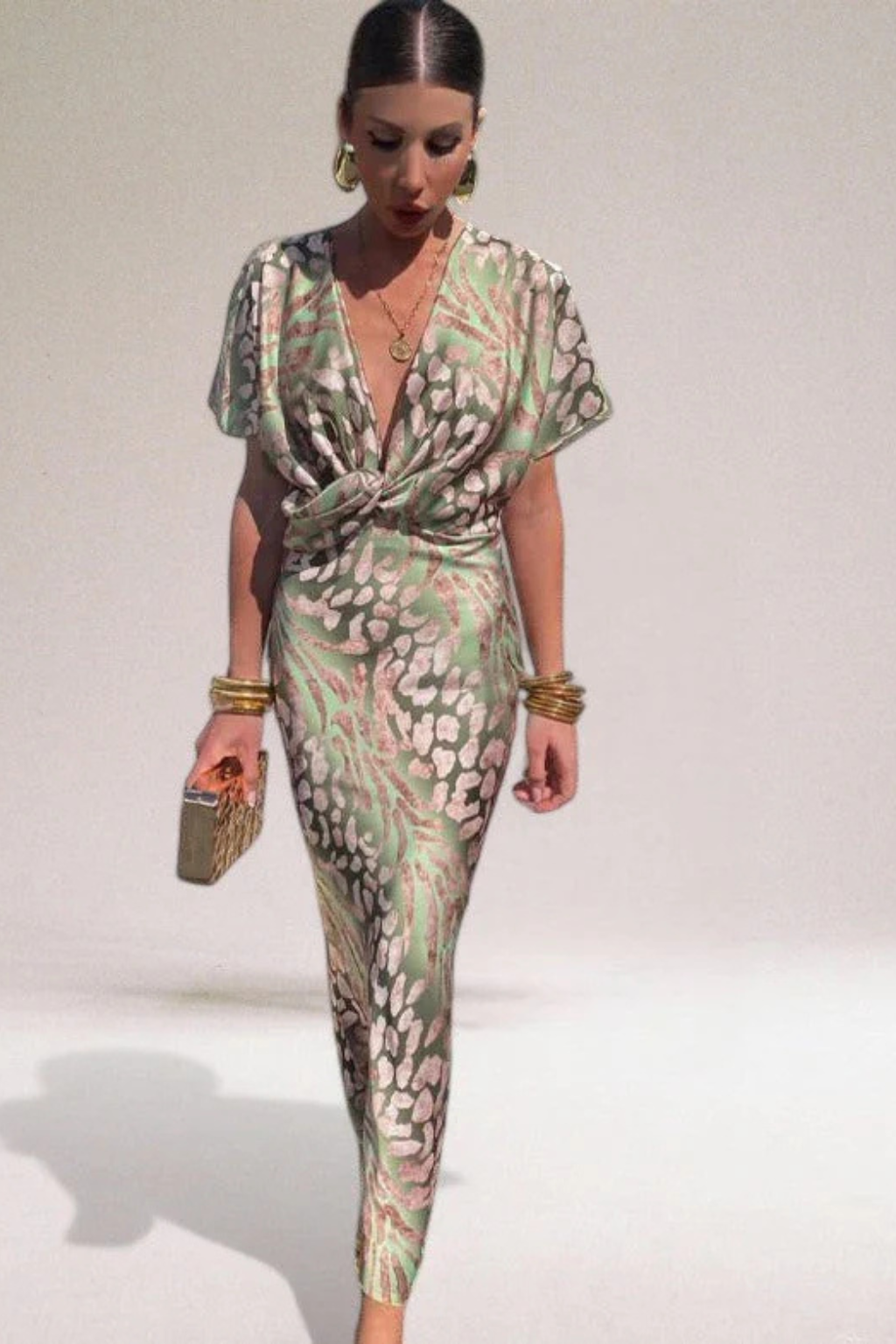 Twist-Front Evening Maxi Dress in Leopard