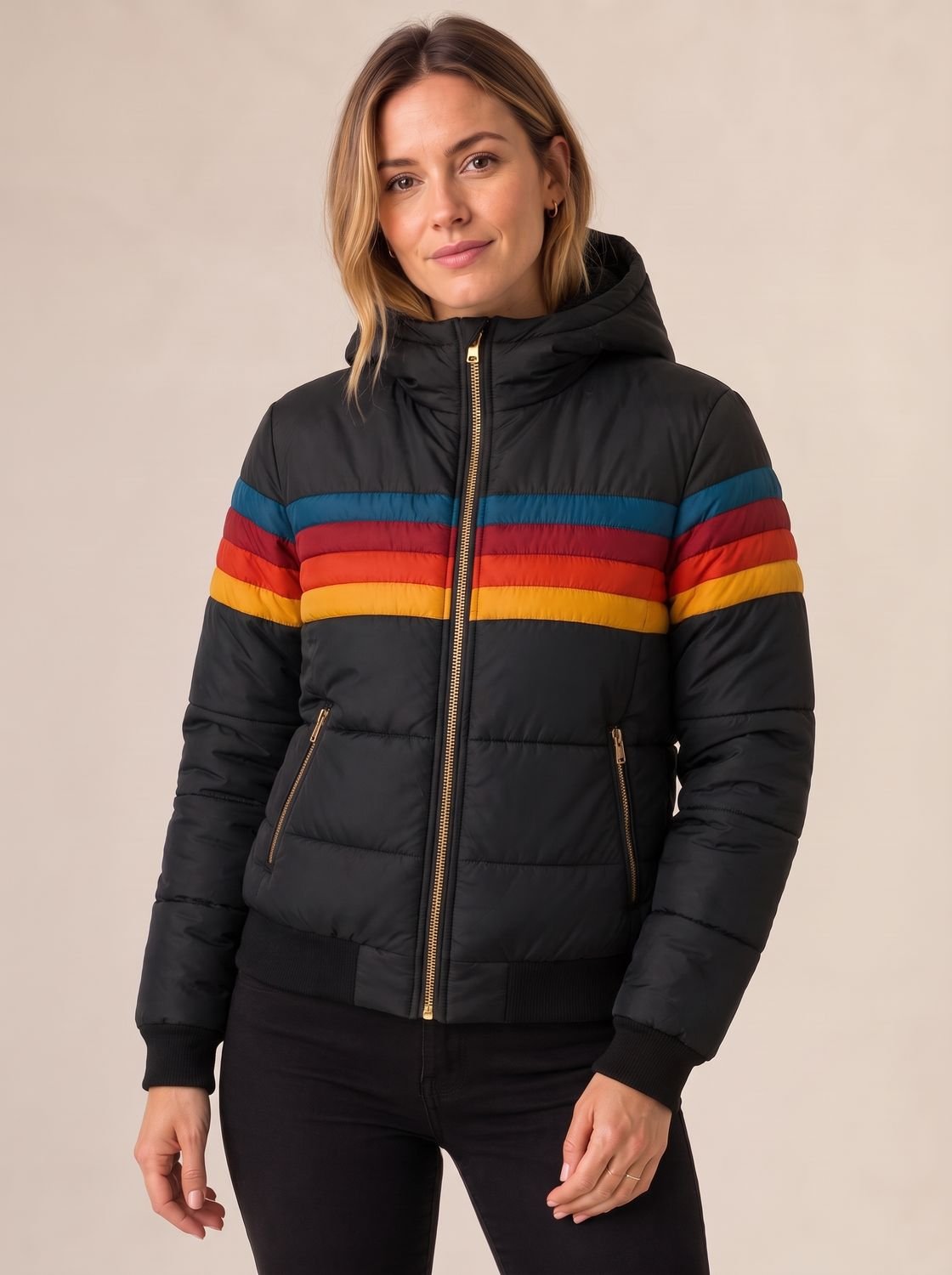 Women's Quilted Hooded Zip-Front Casual Jacket in Black