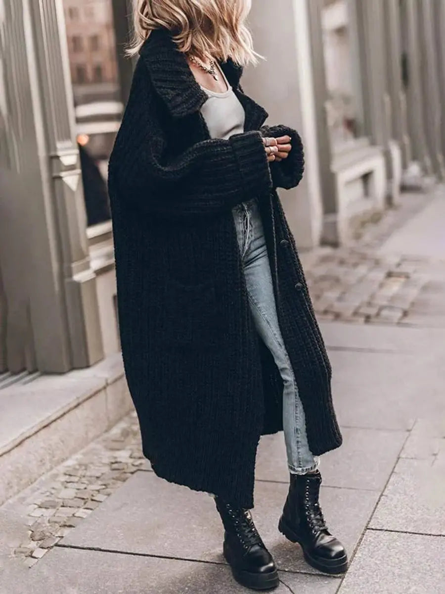 Women's Longline Lapel Casual Cardigan in Black