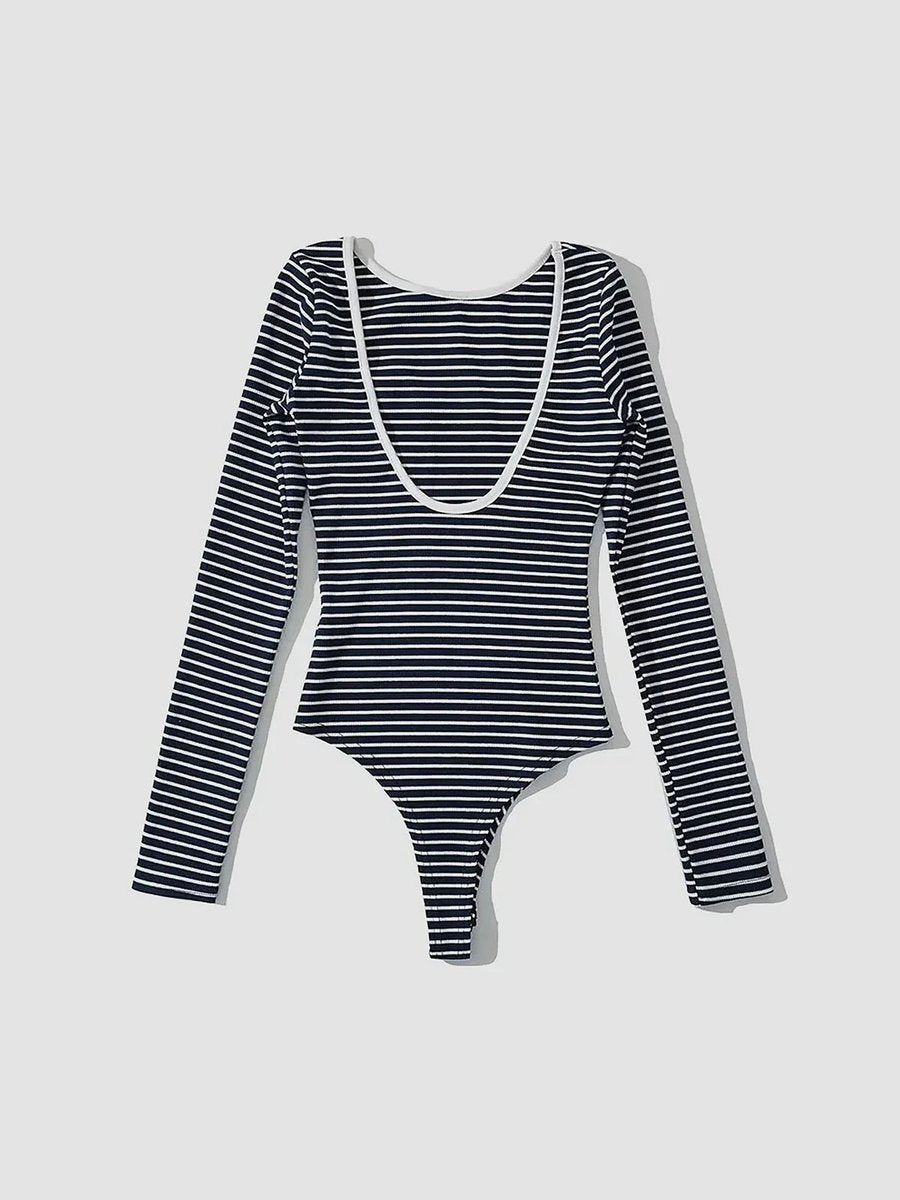Long-Sleeve Open-Back Casual Bodysuit in Navy