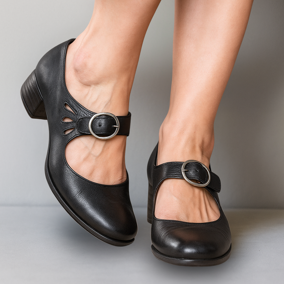 Mary Jane Buckle-Strap Casual Heels in Black