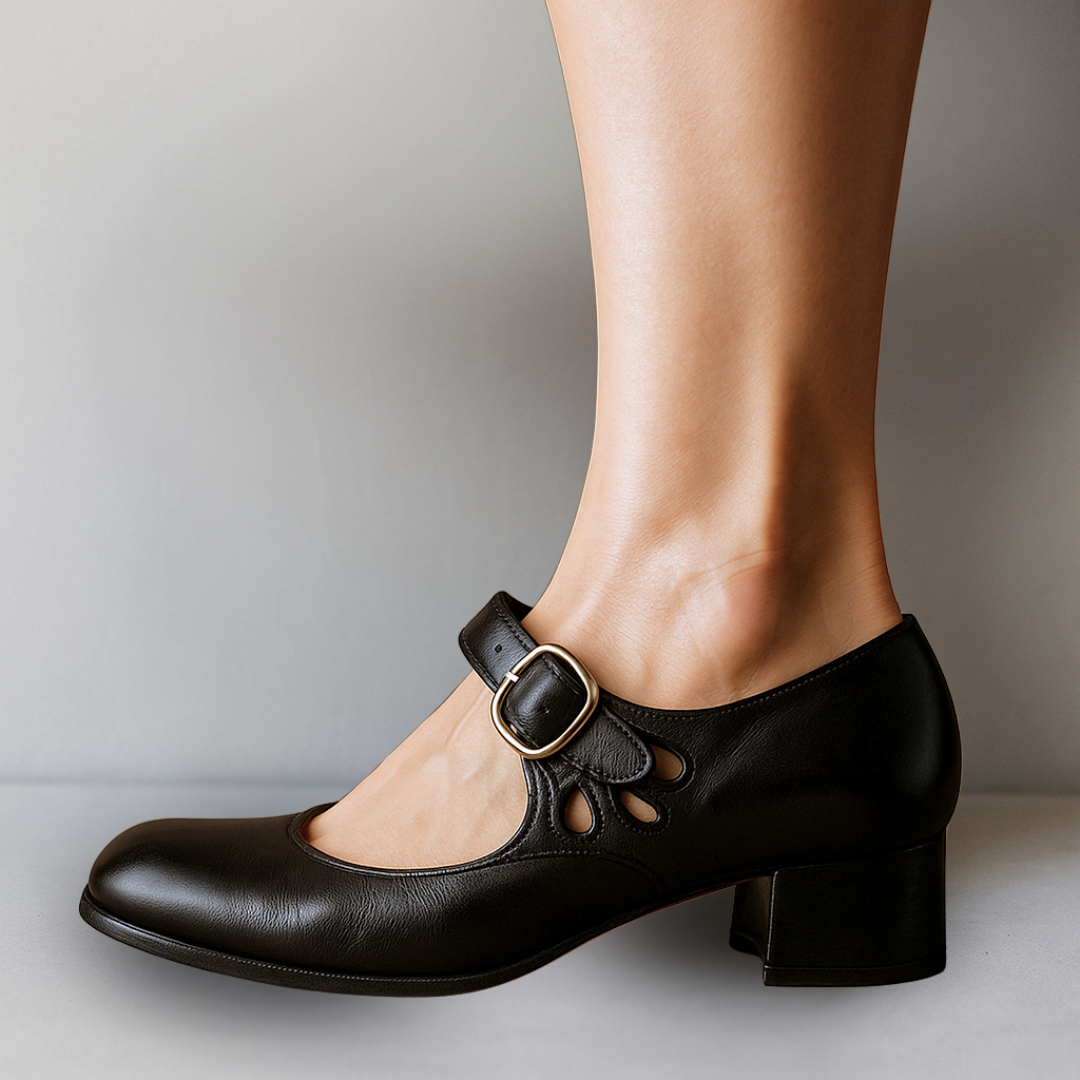 Mary Jane Buckle-Strap Casual Heels in Black