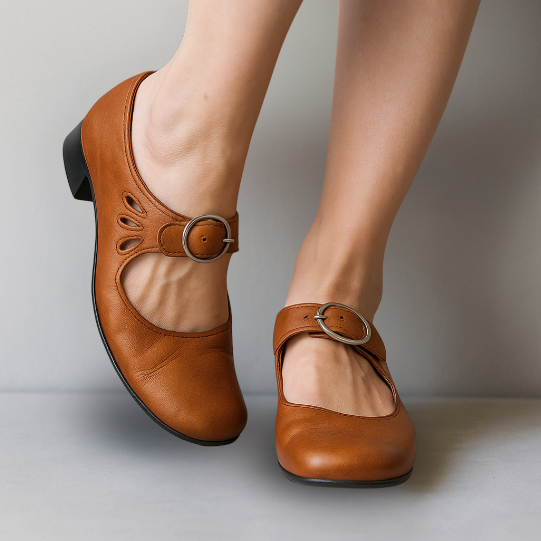 Mary Jane Buckle-Strap Casual Heels in Camel