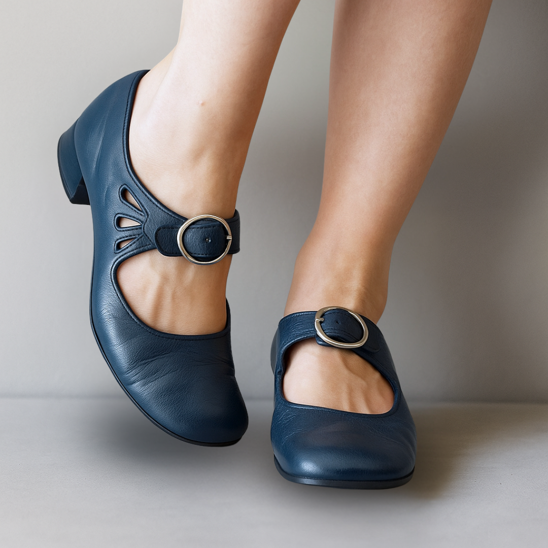 Mary Jane Buckle-Strap Casual Heels in Navy