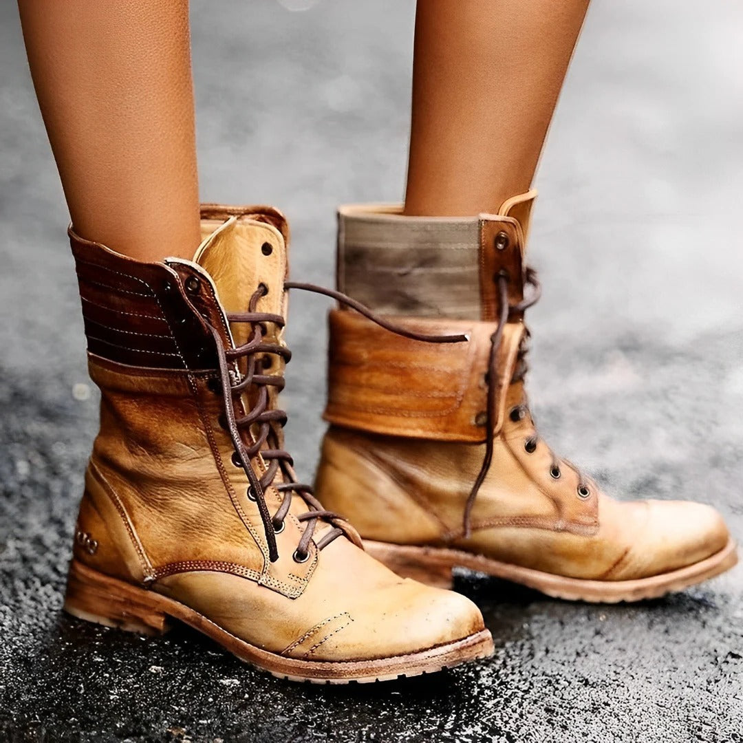 Women's Lace-Up Folded Cuff Casual Boots in Camel