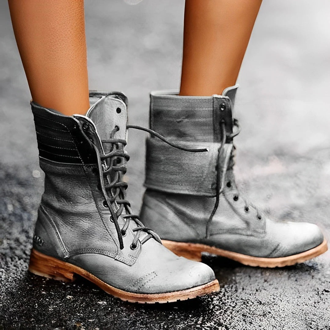 Women's Lace-Up Folded Cuff Casual Boots in Grey