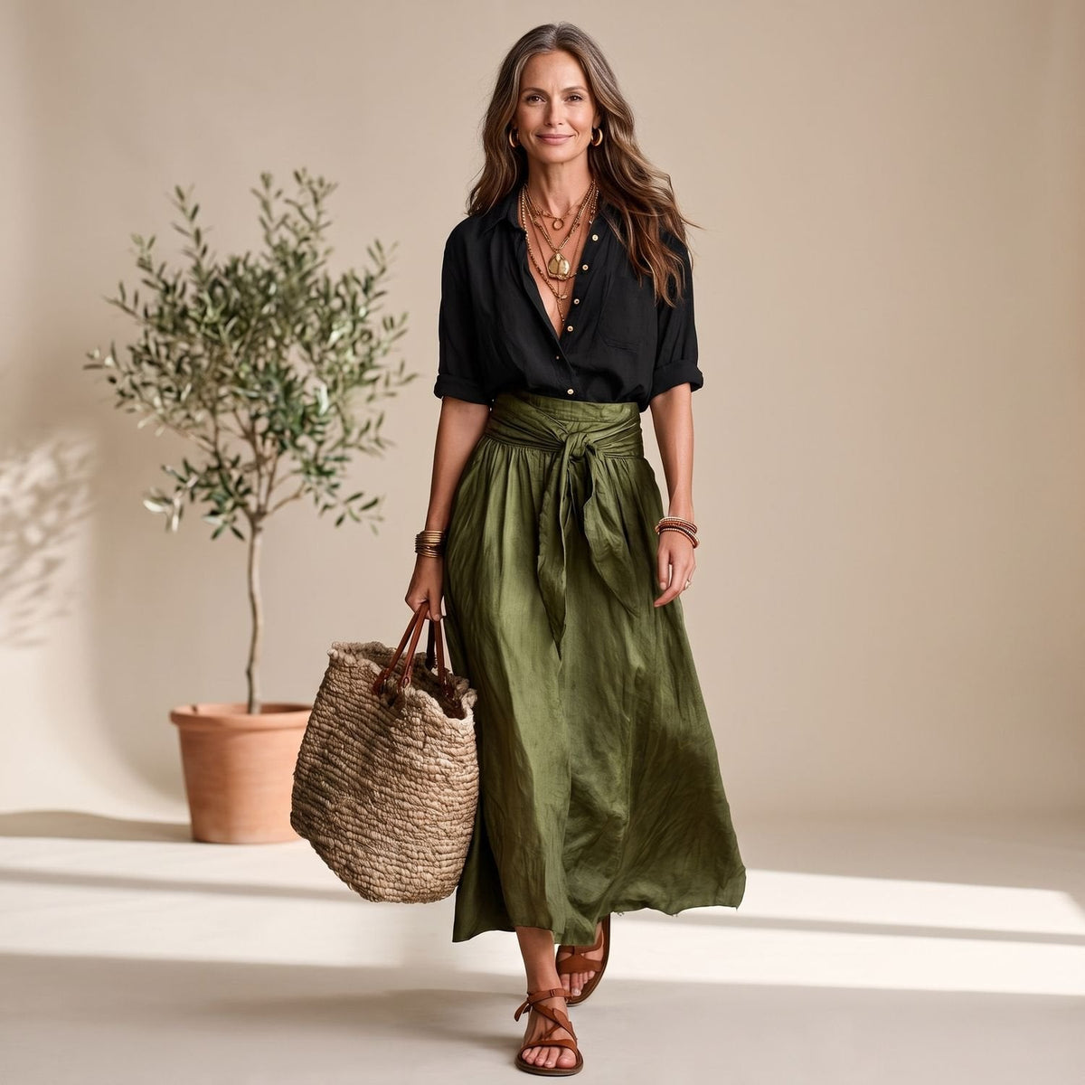 High-Waist Tie-Front Holiday Skirt in Olive