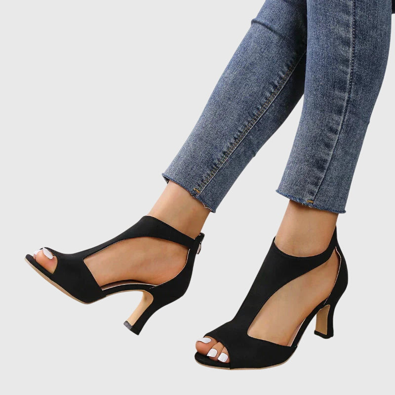 Peep-Toe T-Bar Cut-Out Party Heels in Black