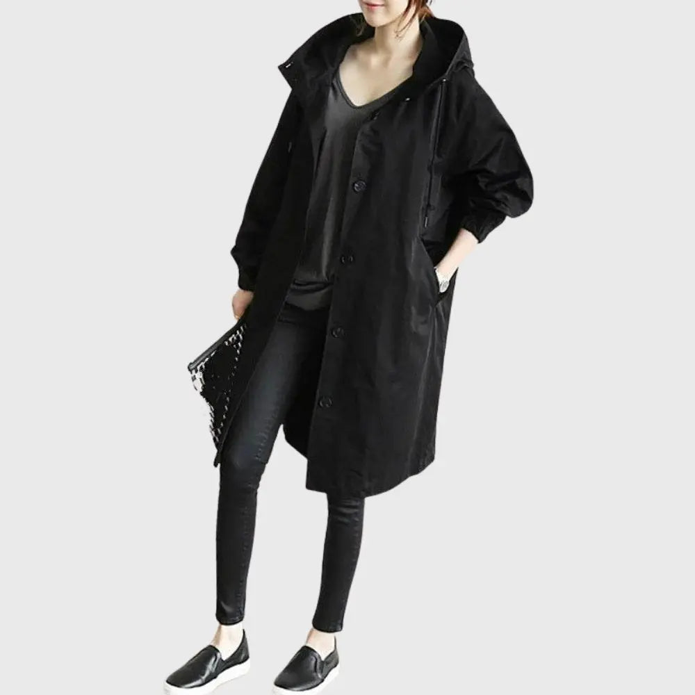 Women's Hooded Button-Front Casual Coat in Black