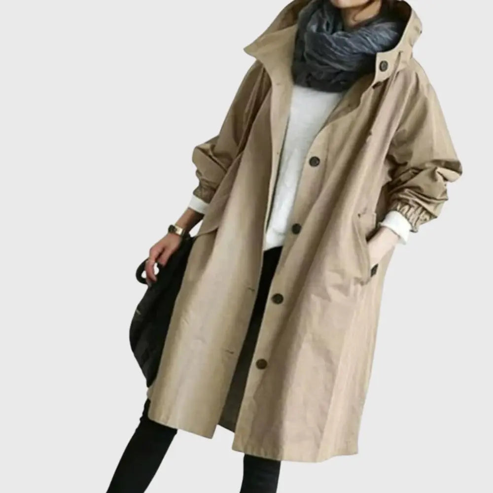 Women's Hooded Button-Front Casual Coat in Khaki