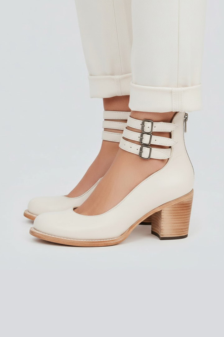 Orthopaedic Triple-Strap Casual Heels in Cream