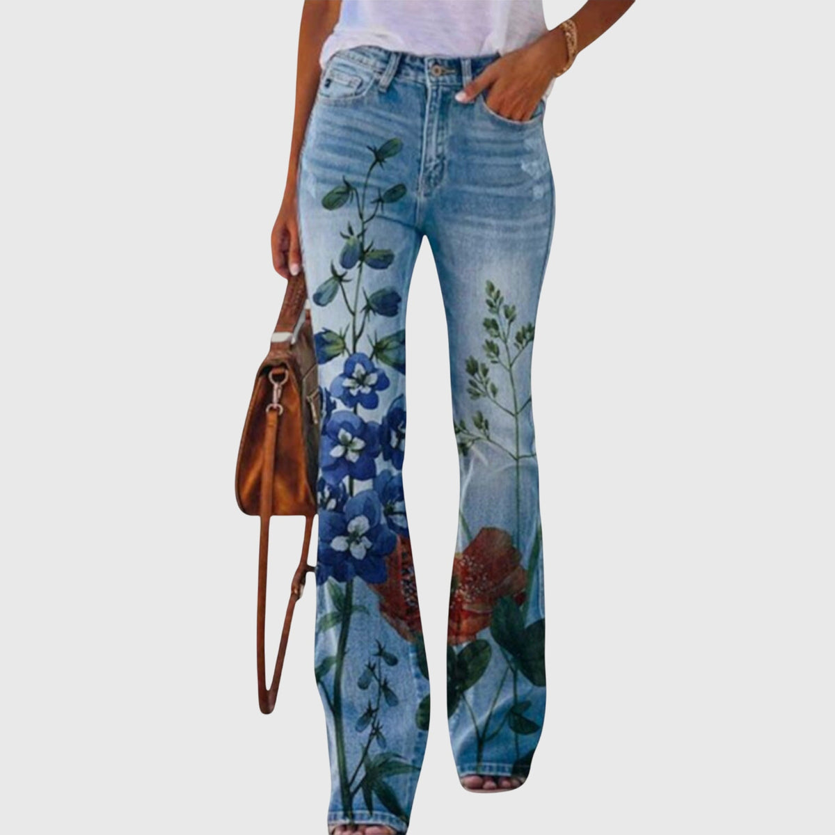 Women's High-Waist Flared Casual Jeans in Blue (Bluebell Print)