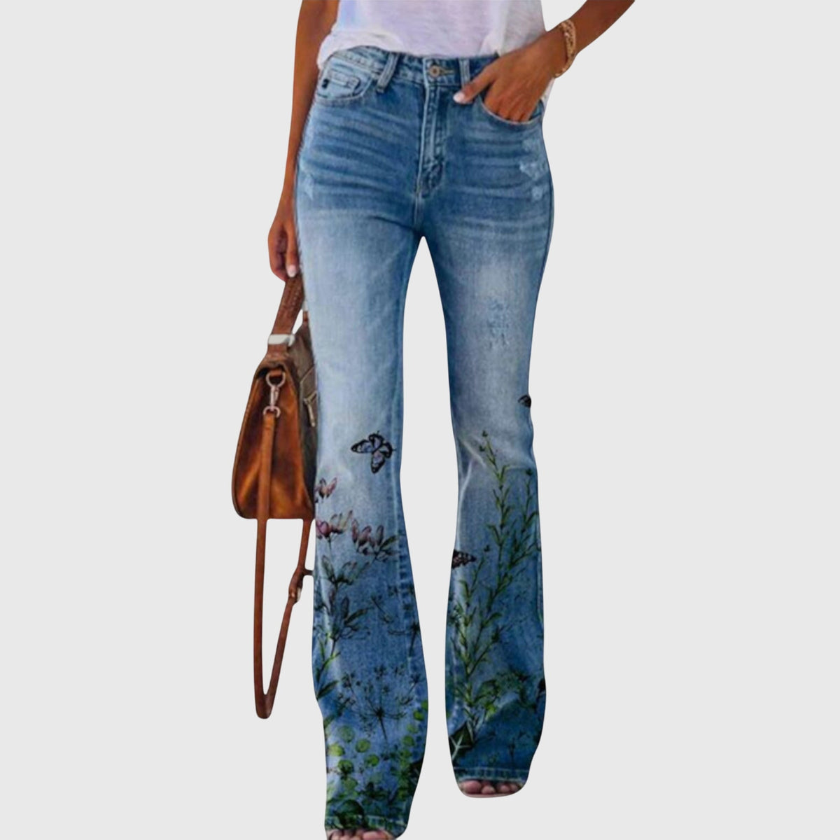 Women's High-Waist Flared Casual Jeans in Blue (Butterfly Print)