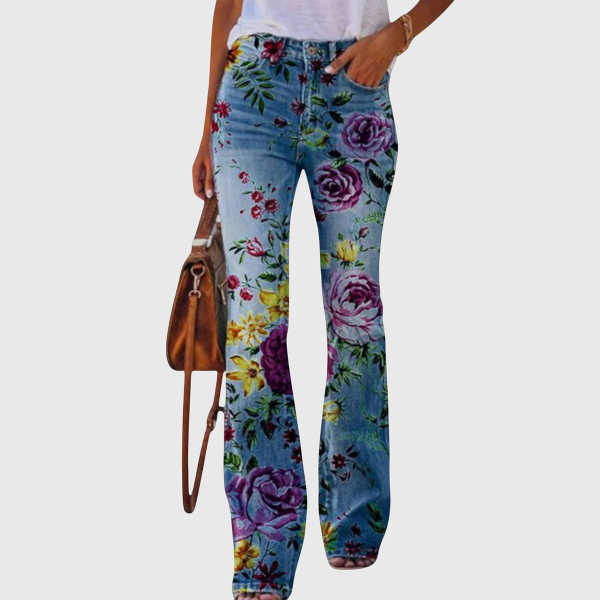 Women's High-Waist Flared Casual Jeans in Blue (Rose Garden Print)