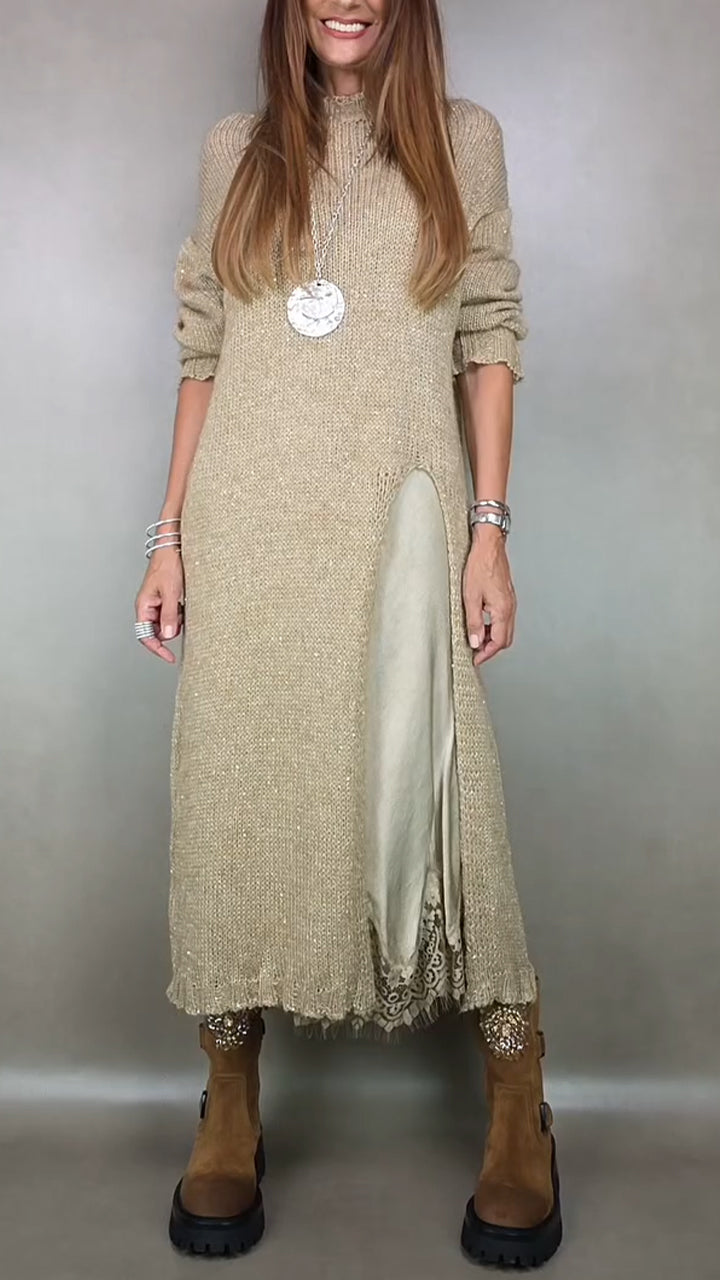Two-Piece Layered Casual Midi Dress in Beige