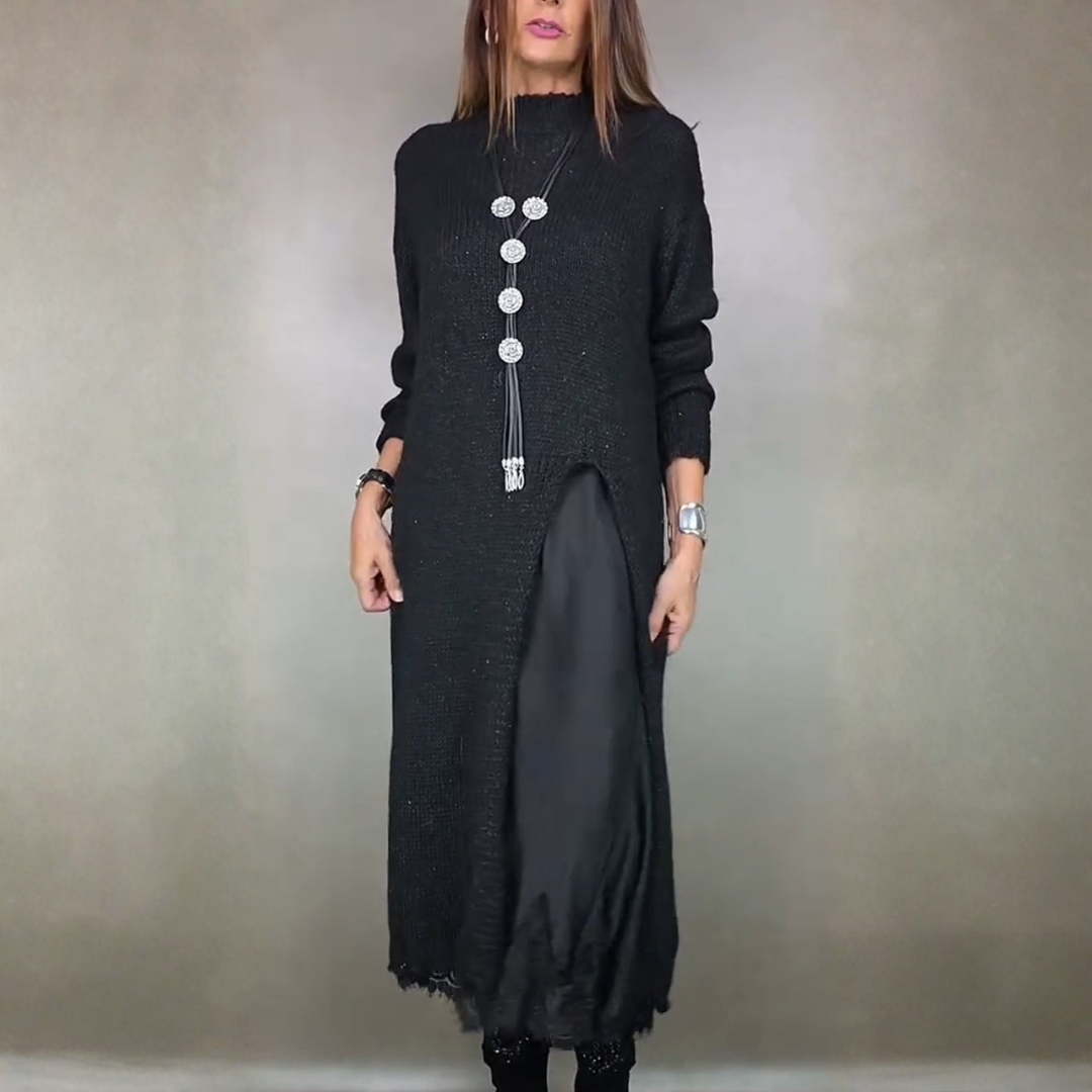 Two-Piece Layered Casual Midi Dress in Black