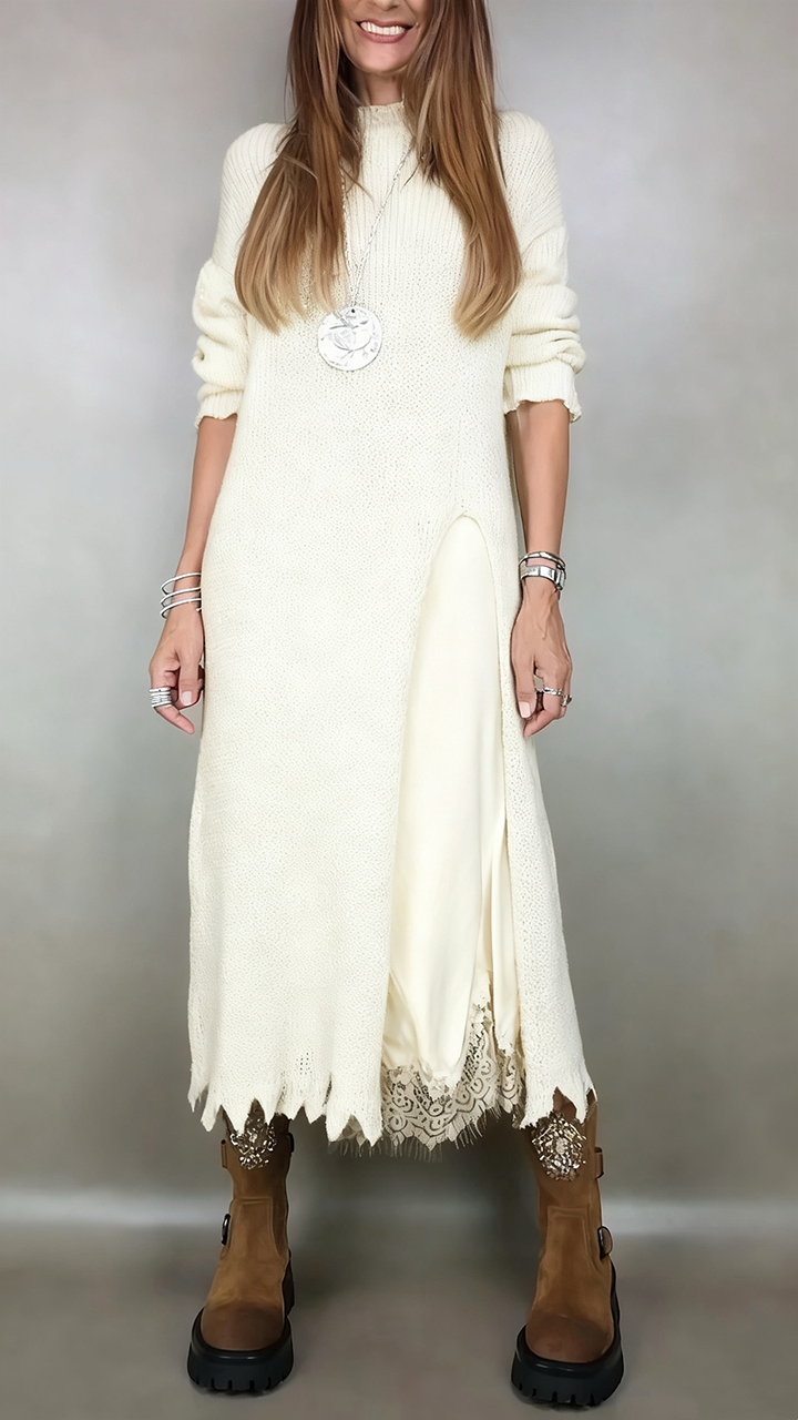 Two-Piece Layered Casual Midi Dress in Cream