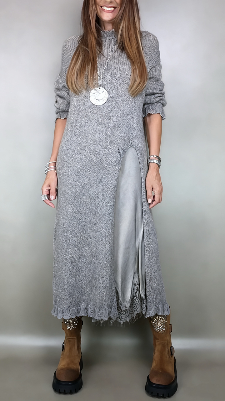 Two-Piece Layered Casual Midi Dress in Grey