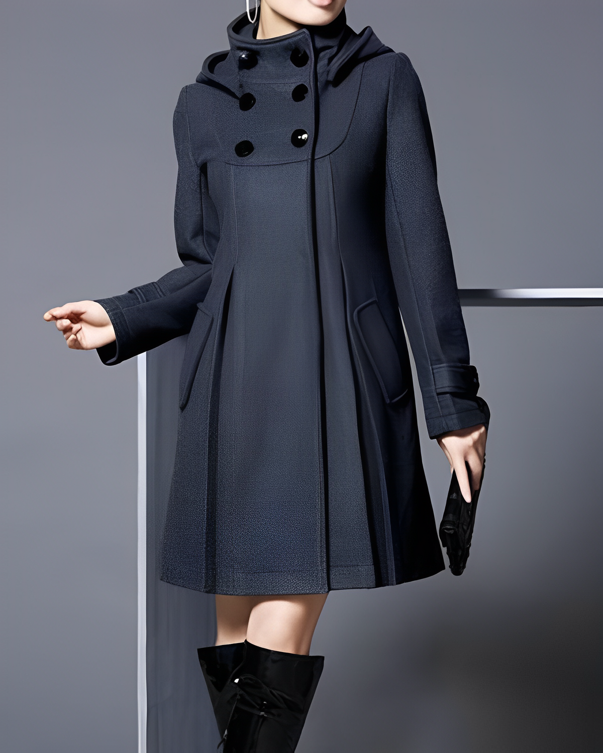 Women's Hooded Double-Breasted Casual Coat in Dark Grey