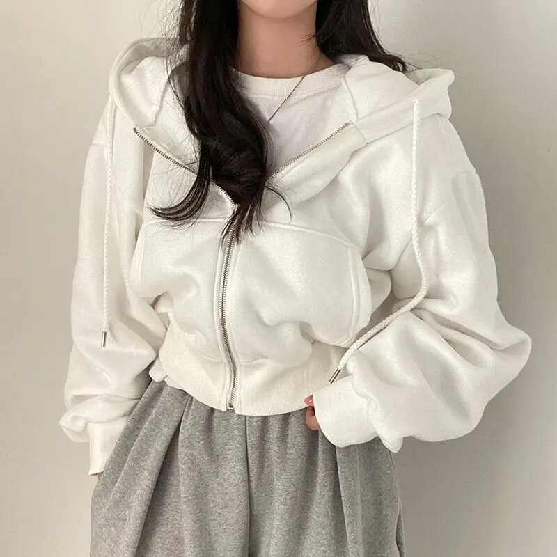 Women's Cropped Zip-Up Casual Hoodie in White