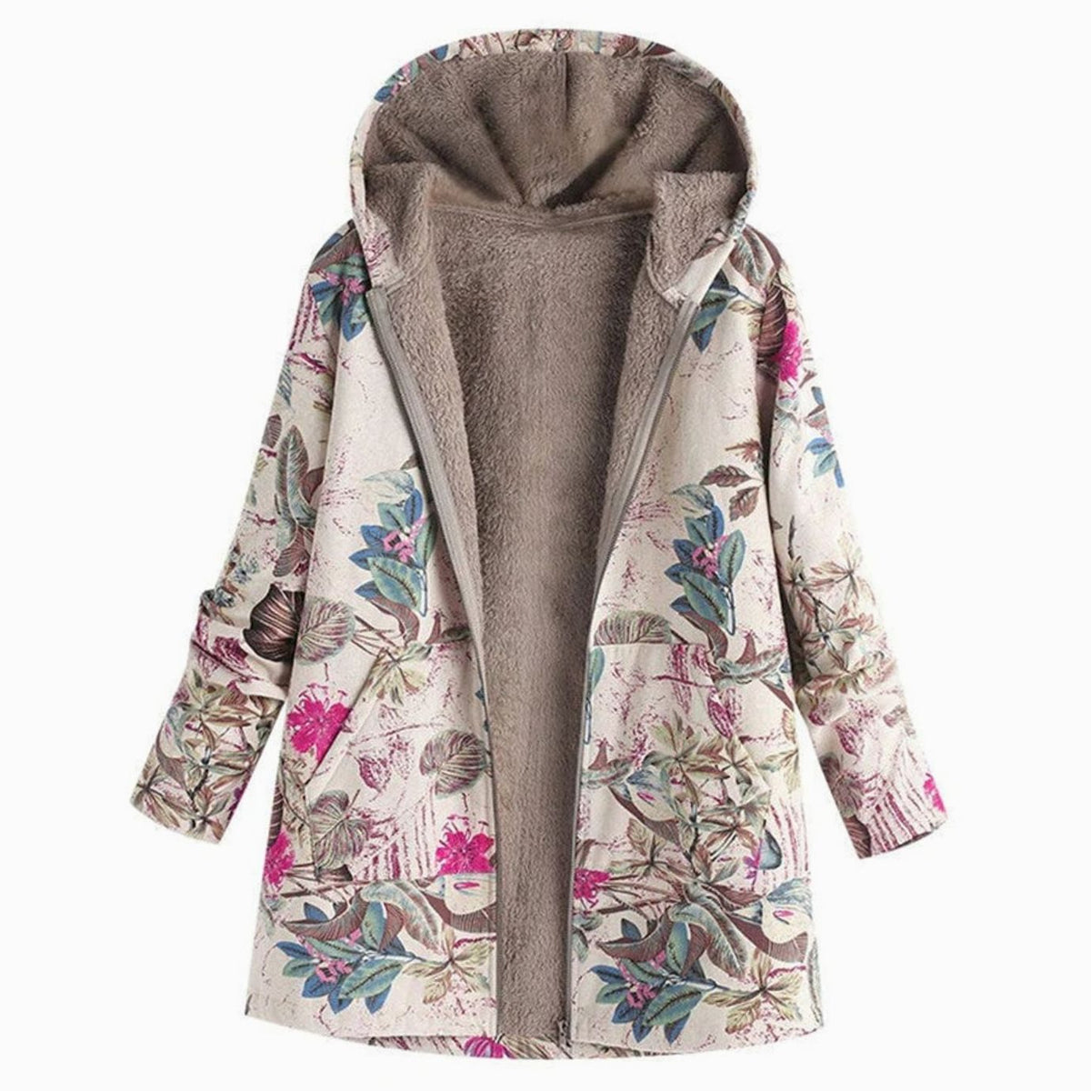Women's Hooded Zip-Front Casual Coat in Cream
