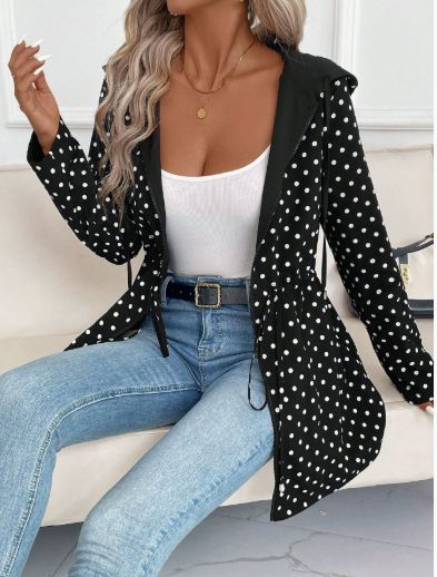 Women's Hooded Drawstring Casual Coat in Black Polka Dot