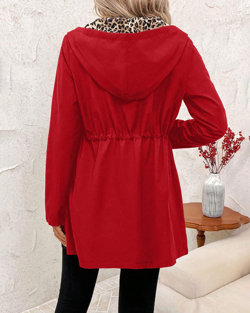 Women's Hooded Drawstring Casual Coat in Red