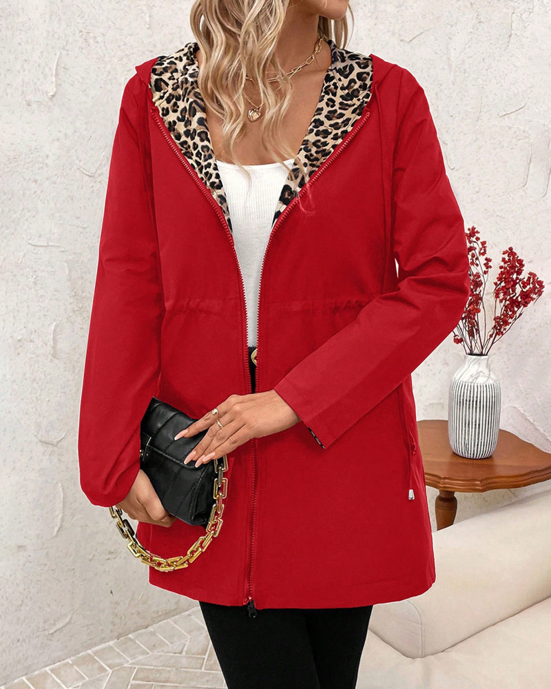 Women's Hooded Drawstring Casual Coat in Red
