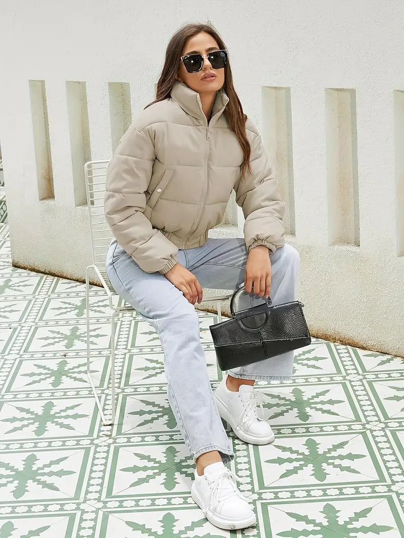 Women's Quilted Zip-Front Casual Jacket in Beige