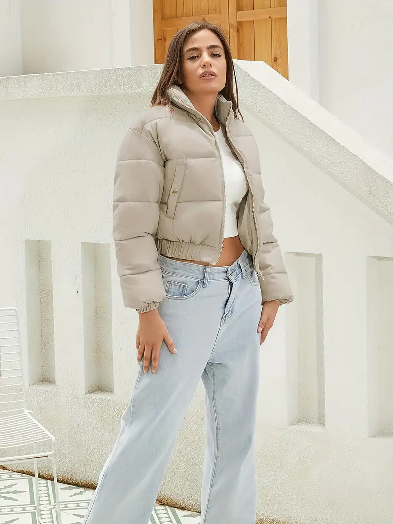Women's Quilted Zip-Front Casual Jacket in Beige