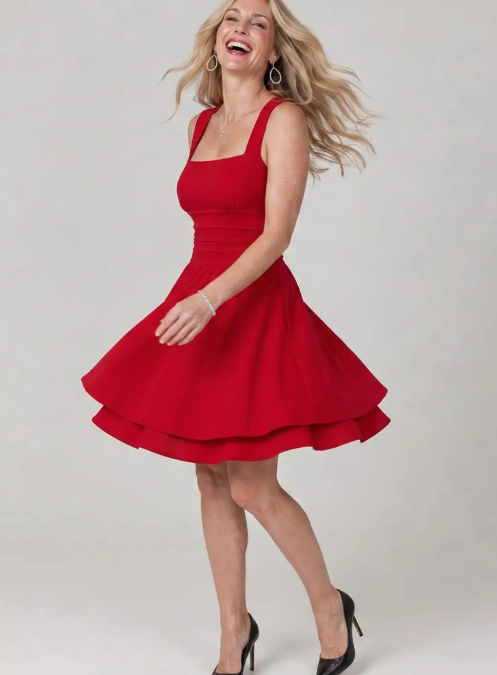 Square-Neck Ruched Cocktail Mini Dress in Red