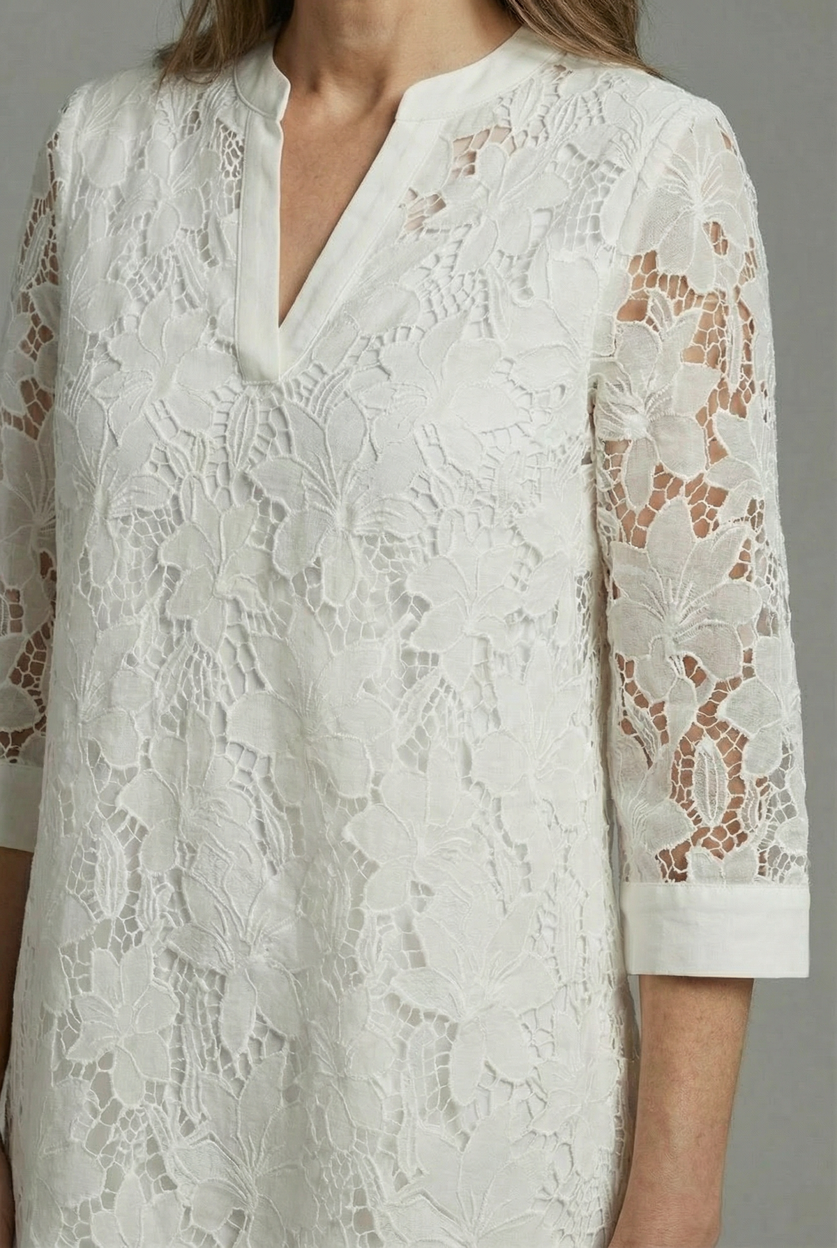 Split-Neck Lace Holiday Midi Dress in White