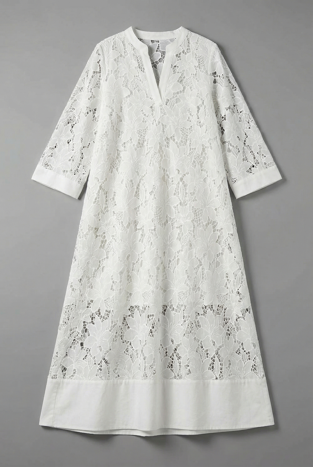Split-Neck Lace Holiday Midi Dress in White