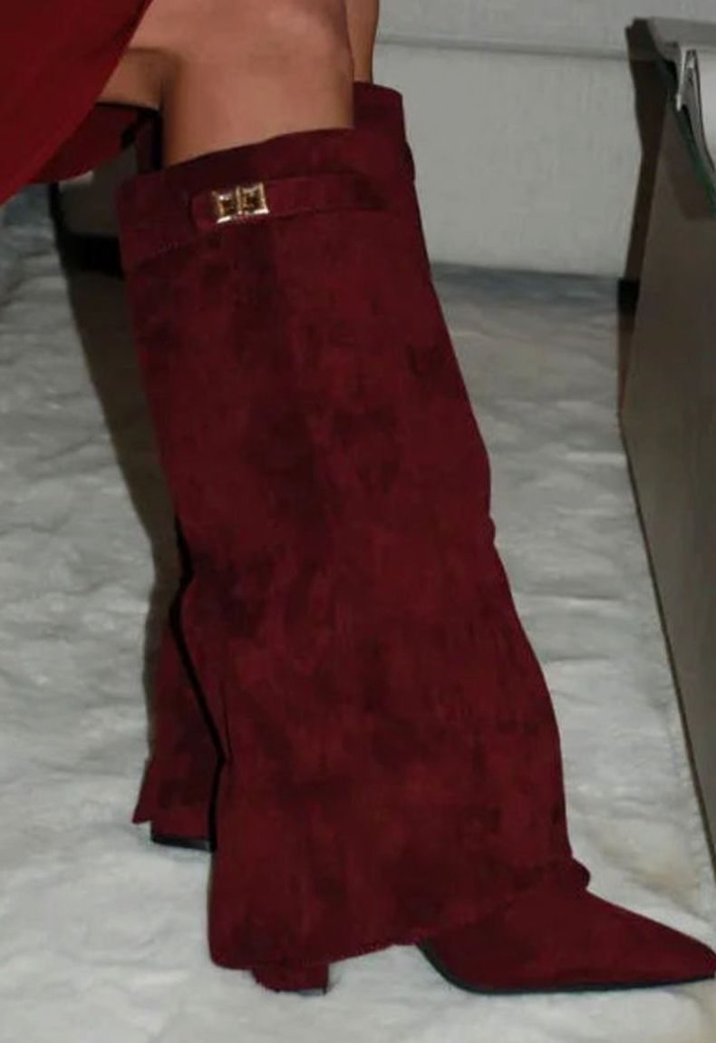 Women's Fold-Over Party Knee High Boots in Burgundy