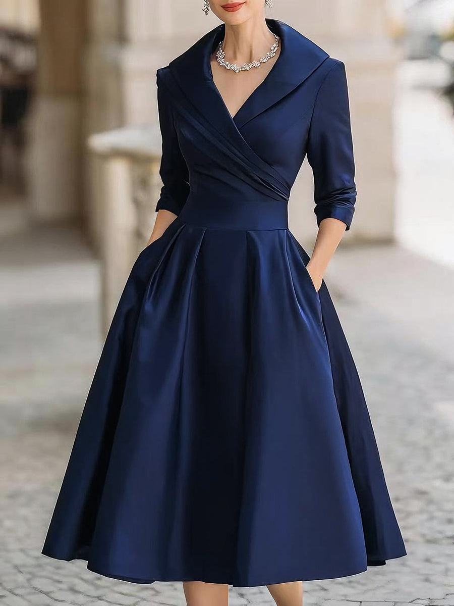Shawl-Collar Wrap Wedding Guest Midi Dress in Dark Blue