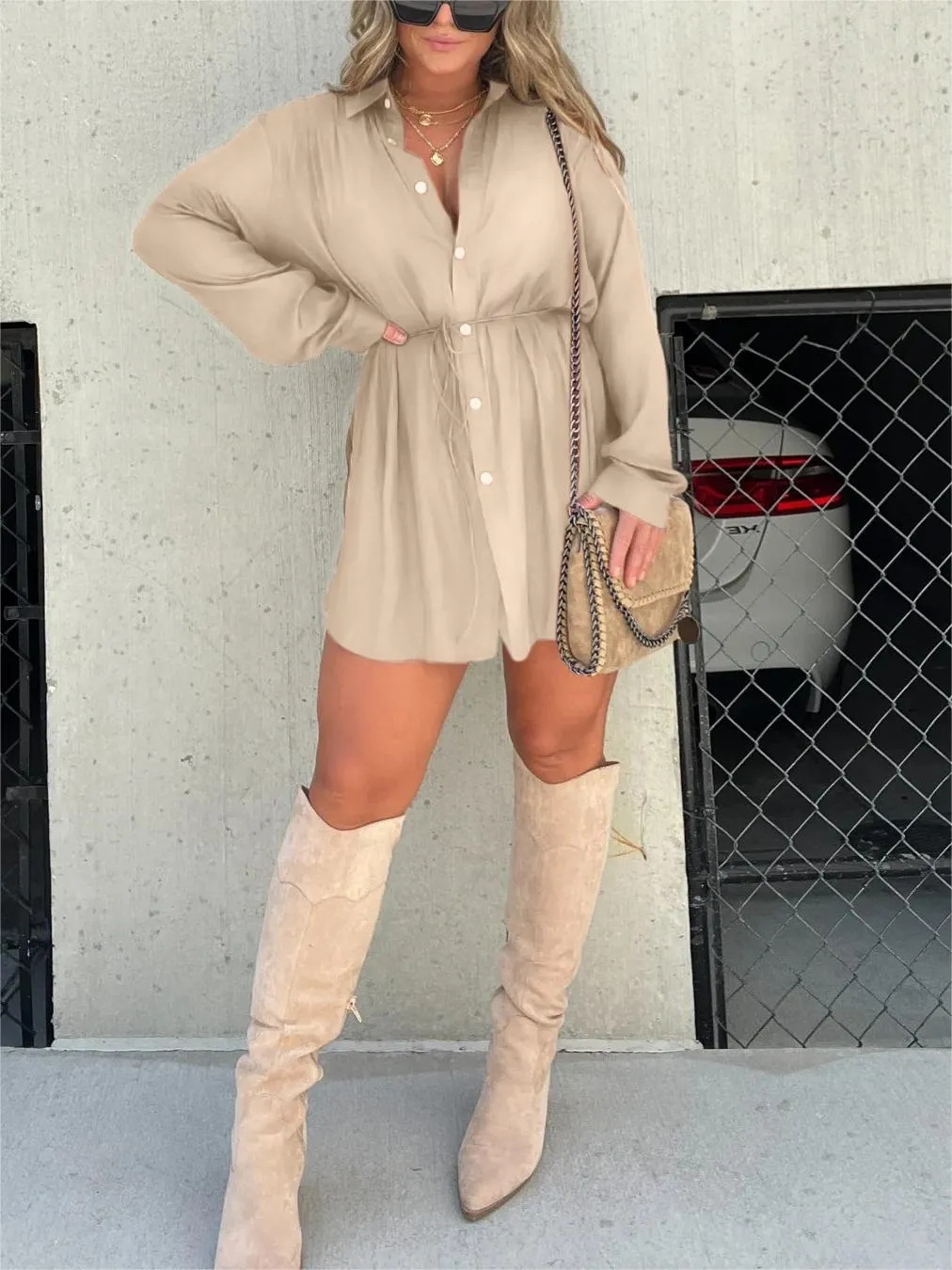 Button-Front Casual Mini Dress in Beige