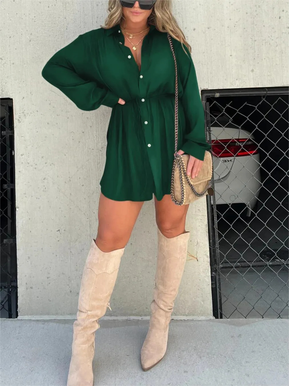 Button-Front Casual Mini Dress in Emerald