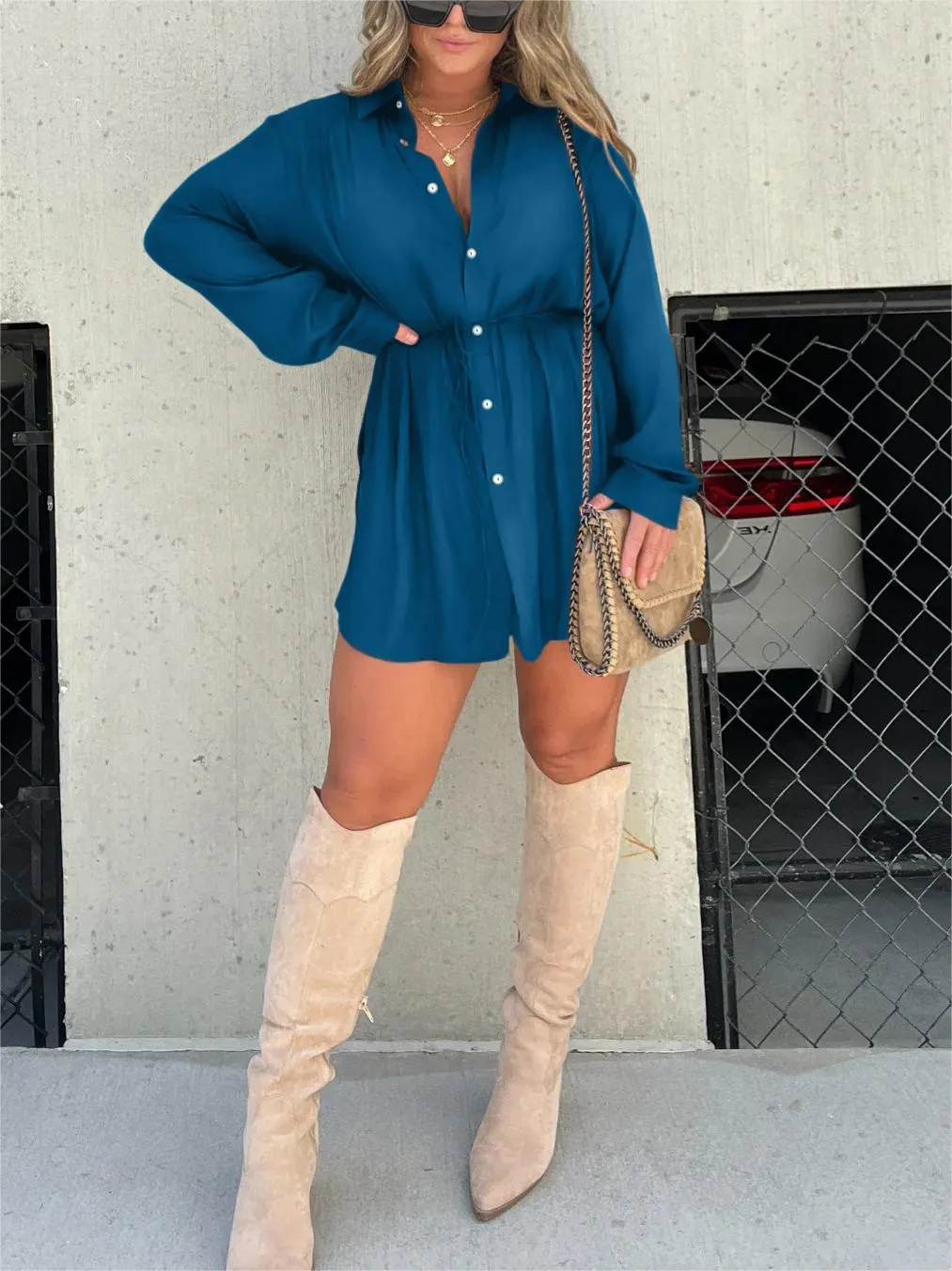 Button-Front Casual Mini Dress in Teal