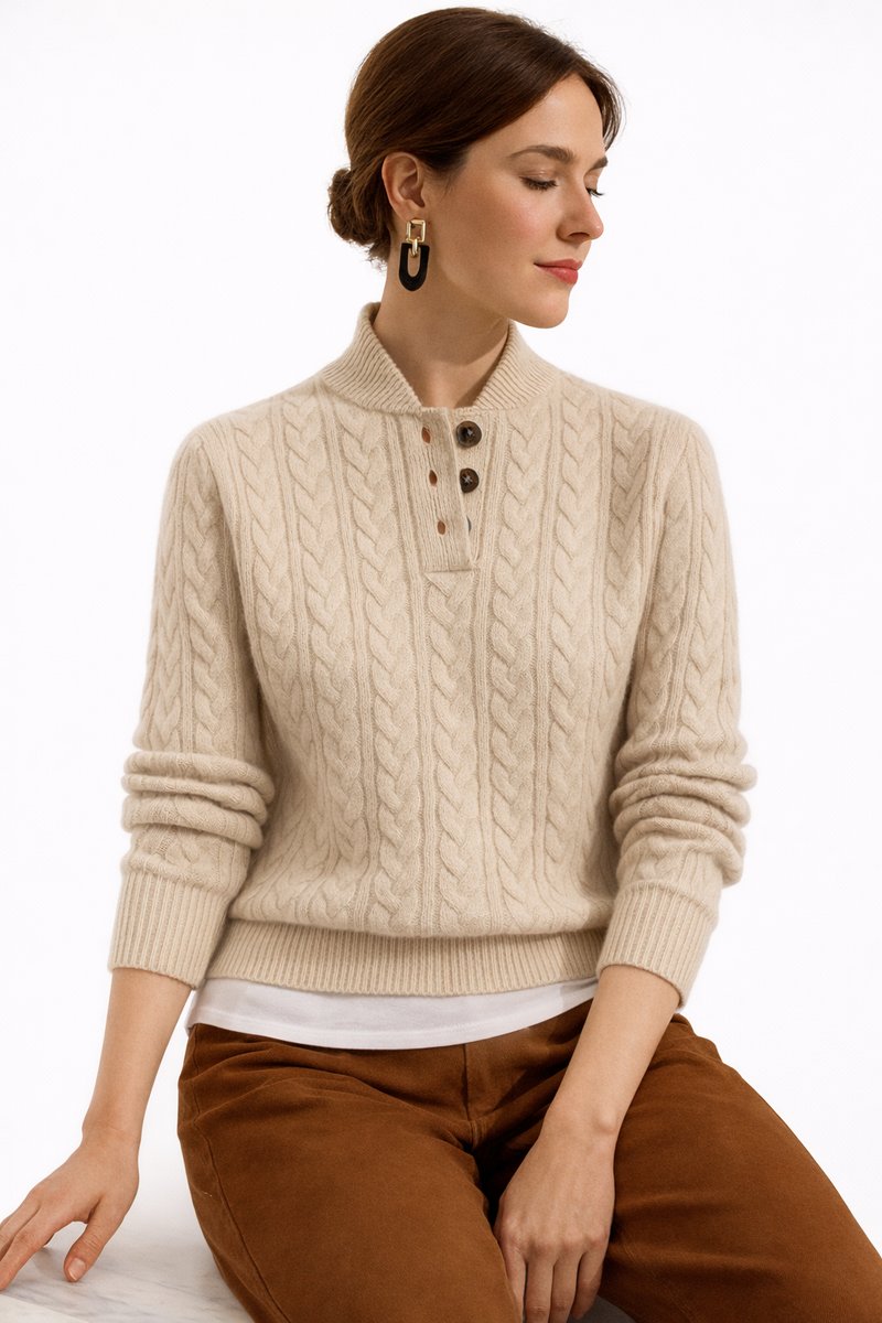 Women's Button-Neck Casual Jumper in Beige