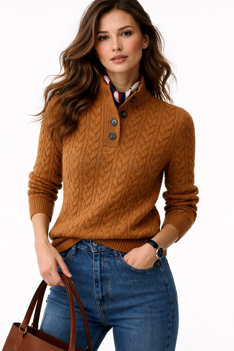Women's Button-Neck Casual Jumper in Camel