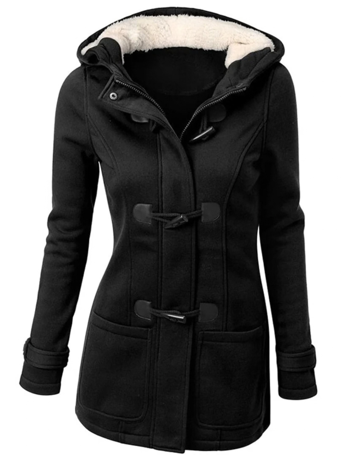 Women's Hooded Toggle-Front Casual Coat in Black